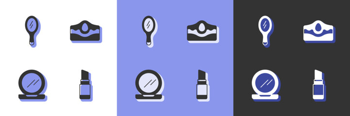 Set Lipstick, Hand mirror, Makeup powder with and Acne icon. Vector
