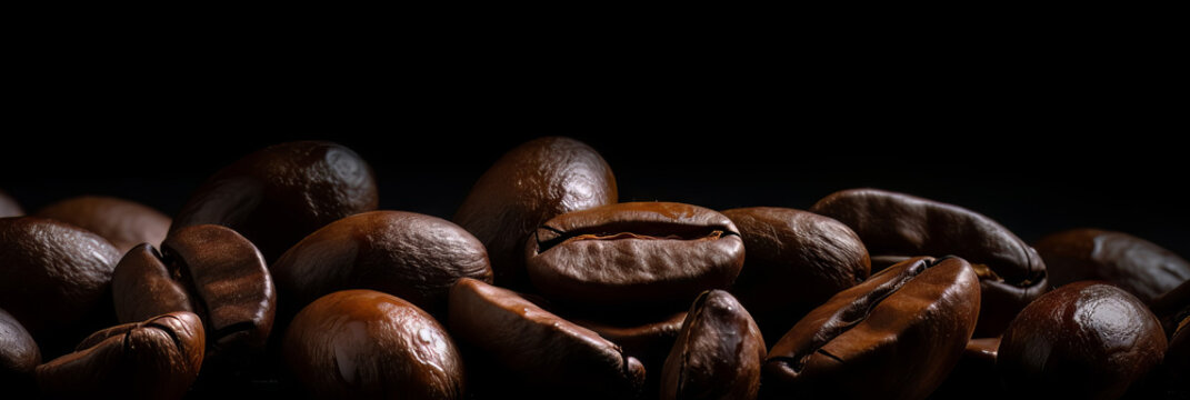 A banner of coffee beans on a black background. Rich aroma of freshly roasted beans. Perfect for cafe promotions or coffee enthusiasts who appreciate the dark natural energy of espresso.Generative AI.