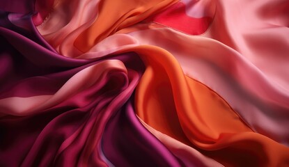 Obraz premium Close-Up of Colorful Silk Fabric in Dark Pink and Light Orange, Revealing Opulent Lustrous Texture and Captivating Harmonious Palette