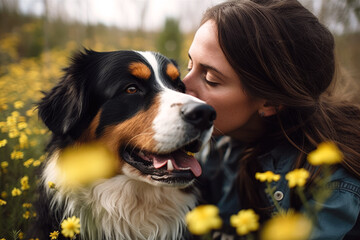 Young woman with her dog bernese shepherd outdoors
