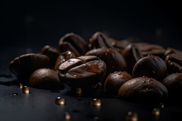 Coffee beans against a black background, highlighting the fresh, roasted aroma of espresso.