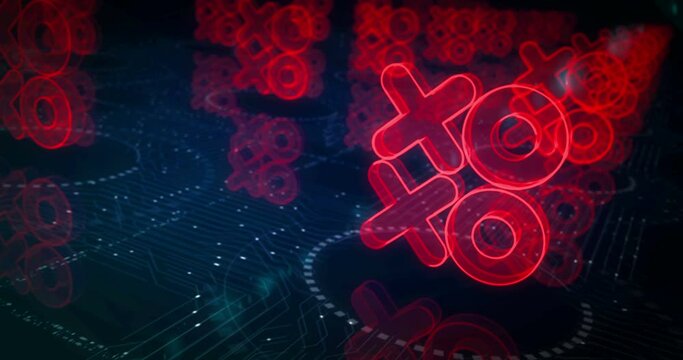 XOXO romantic love greeting and kiss digital cyber style symbol abstract cyber concept. Digital technology and computer background seamless and looped 3d animation.