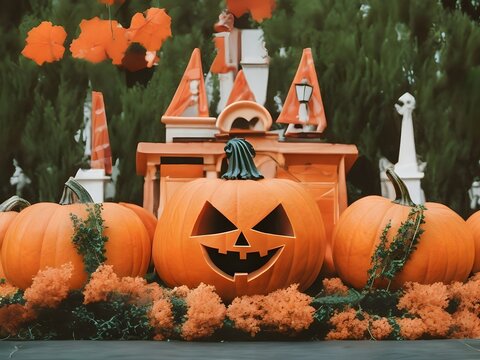 halloween pumpkins with curtain background studio shot vintage photography Generative AI