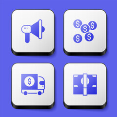 Set Megaphone, Dollar symbol, Armored truck and Stacks paper money cash icon. White square button. Vector