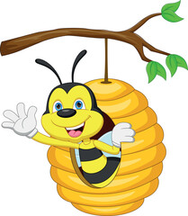 cute bee cartoon waving from inside the bee hive