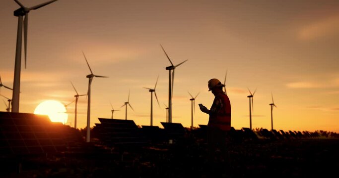Full Body Back View Of Asian Male Engineer In A Helmet Using Smartphone And Looking Around While Silhouette In Front Of Wind Turbines Rotating At Sunset
