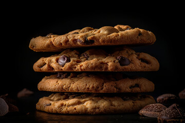 Fototapeta na wymiar Delicious chocolate chip cookies on a dark background. Brown and perfectly baked and stacked, offering a glimpse of gourmet dessert. Homemade freshness and the delight of a sweet snack. Generative AI.