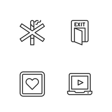 Set line Online play video, Like heart, No smoking and Fire exit icon. Vector