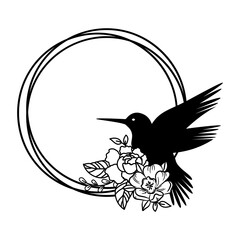 Hummingbird in a circle frame with flower decor silhouette. Isolated vector set with spring or summer birds for laser cut crafts.