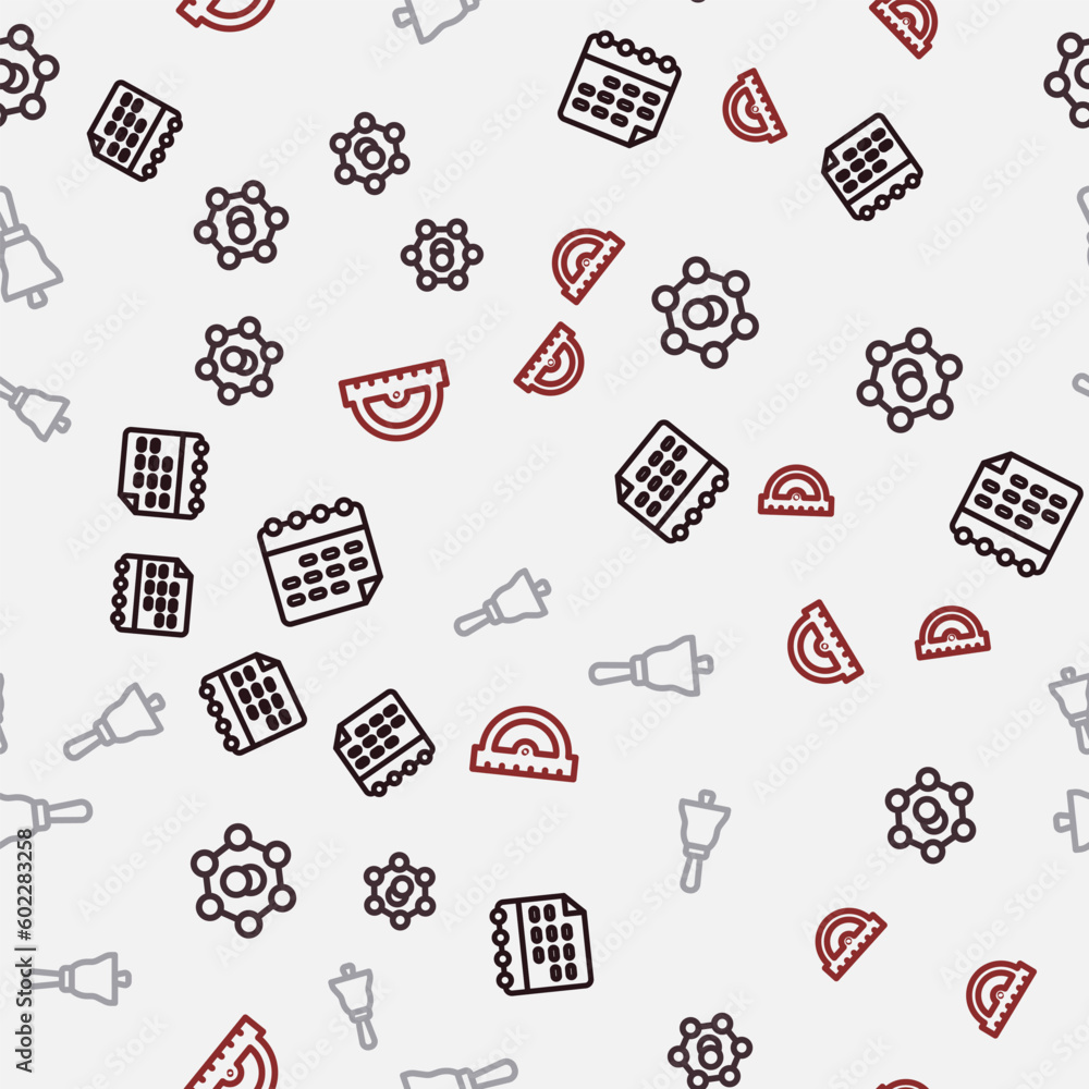Poster set line school timetable, molecule, ringing bell and protractor grid on seamless pattern. vector