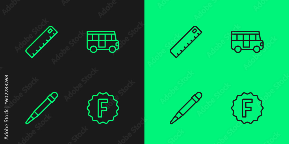 Poster set line exam paper with incorrect answers, pencil eraser, ruler and school bus icon. vector