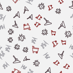 Set line Colorado beetle, Shovel in the ground, Sprout and Wheelbarrow on seamless pattern. Vector
