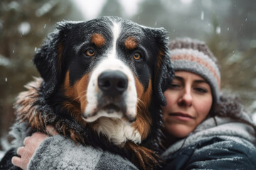 Woman hugging her dog bernese shepherd in a pine forest in winter, close up