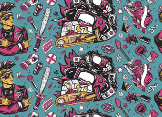 Fototapeta premium Musical background. Punk and rock music lifestyle. Seamless pattern. Punker with mohawk, electric guitar, rock woman. Hooligans. Anarchy art