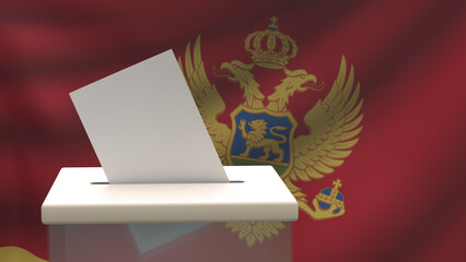 Blank ballot with space for text or logo is dropped into the ballot box against the background of the flag of Montenegro. Election concept. 3D rendering. Mock up