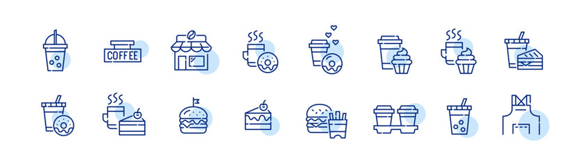 Coffee shop. To go drinks, desserts and snacks. Sandwiches, burgers, fries and donuts. Pixel perfect, editable stroke icons set