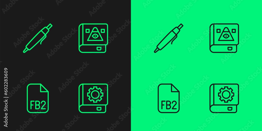 Poster set line user manual, fb2 file, pen and ancient magic book icon. vector
