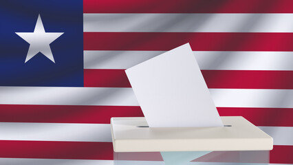 Blank ballot with space for text or logo is dropped into the ballot box against the background of the flag of Liberia. Election concept. 3D rendering. Mock up