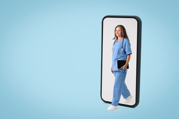 Professional woman doctor in uniform coming out of giant cellphone, blue studio background, full length, free space