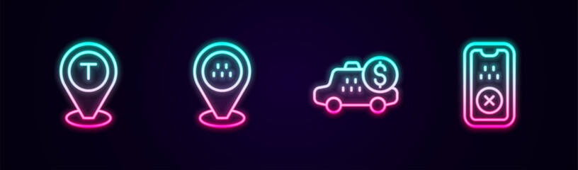 Set line Location taxi car, Taximeter device and mobile app. Glowing neon icon. Vector