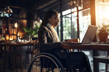 woman in wheelchair at desk in office working on laptop, accessibility concept, made with generative ai