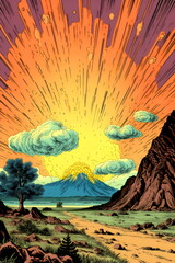 comic illustration of sunrise over volcano in desert and mountain landscape, made with generative ai