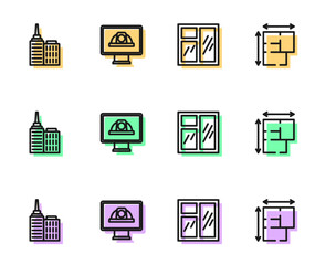 Set line Window in room, City landscape, Worker safety helmet and House plan icon. Vector