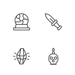 Set line Burning candle on skull, Magic stone, ball and Dagger icon. Vector