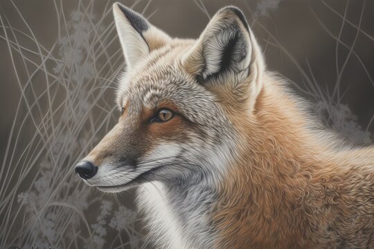 Realistic and Lifelike Drawing of a Red Fox: Intricate Details and Delicate Shading, generative AI