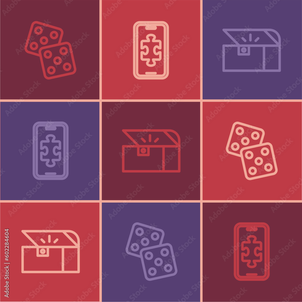 Poster set line game dice, chest for game and mobile gaming icon. vector