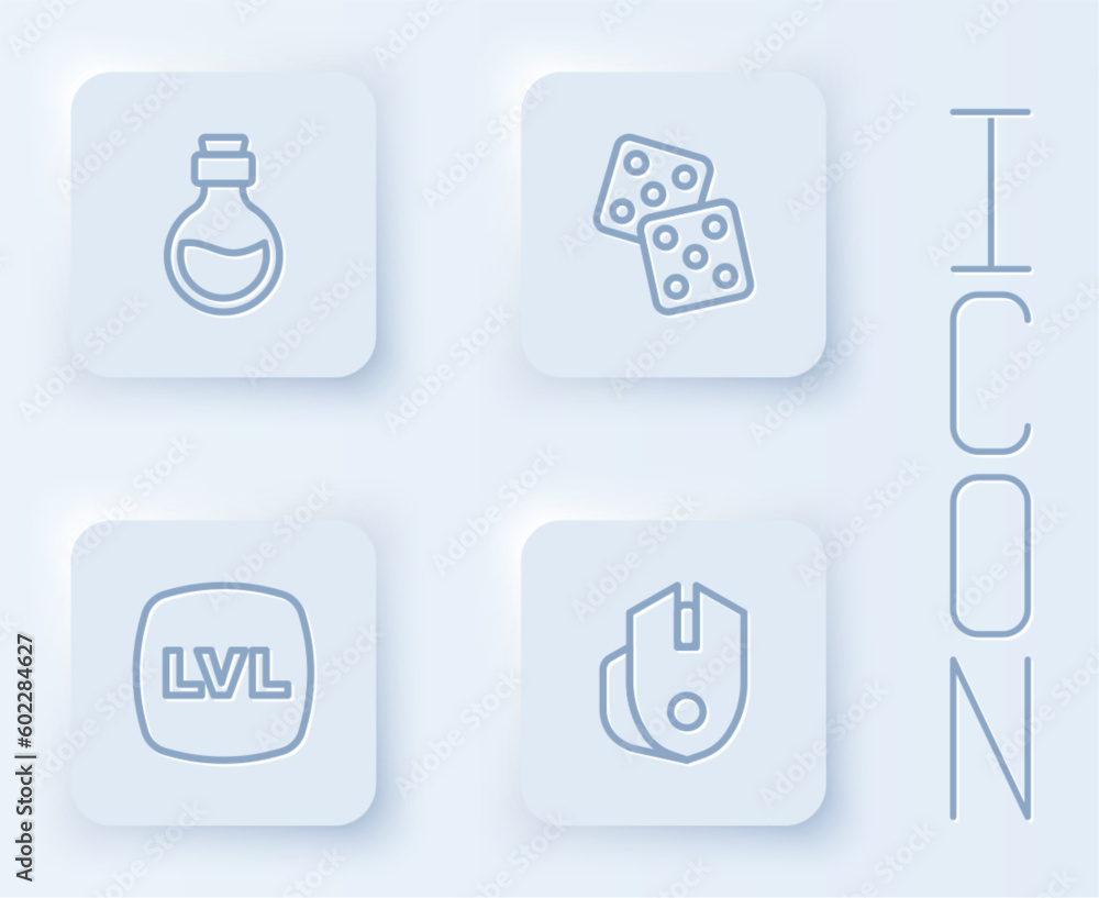Poster set line bottle with magic elixir, game dice, level game and computer mouse. white square button. ve