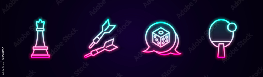Poster set line chess, dart arrow, game dice and racket. glowing neon icon. vector