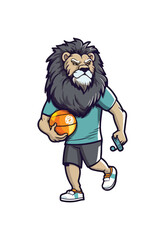 logo for sports shop with lion mascot carrying ball.
