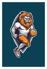 logo for sports shop with lion mascot carrying ball.