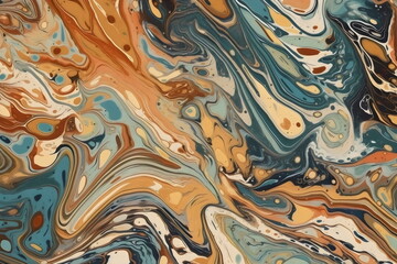 marbled paint abstract pattern ochre and blue with cream background, made with generative ai	
