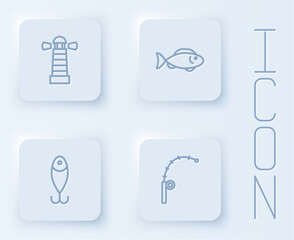 Set line Lighthouse, Fish, Fishing lure and rod. White square button. Vector