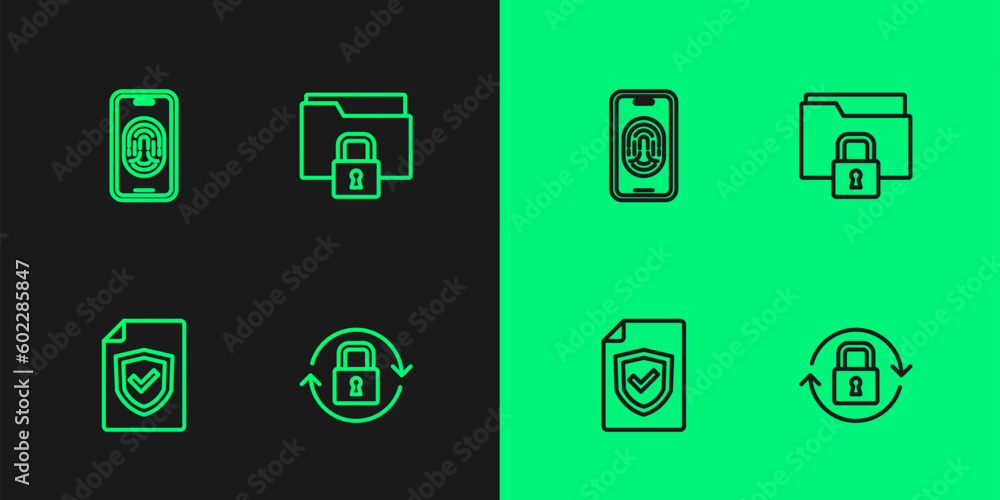 Poster set line lock, contract with shield, mobile fingerprint scanner and folder and lock icon. vector