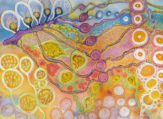 Doodling lollypops, swirls and organic shapes. The dabbing technique near the edges gives a soft focus effect due to the altered surface roughness of the paper.