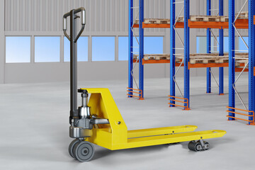 Pallet jack inside warehouse. Multi-tiered shelving in storage. Warehouse technologies. Yellow pallet truck. Yellow pallet jack. Blue shelves in warehouse hangar. Trolley-jack. 3d image