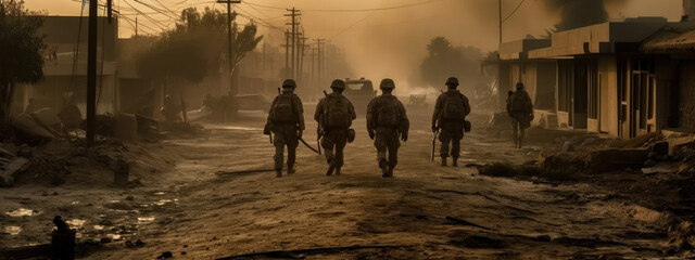 military special forces soldiers crosses destroyed warzone through fire and smoke in the desert, wide poster design with copy space area - Generative AI