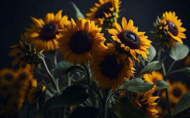 Sunflowers on Black Background Created with AI Generation Tools