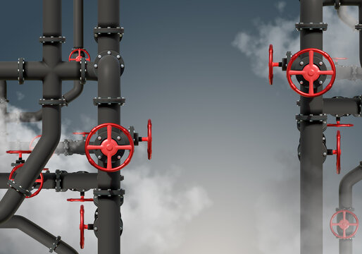 Background with pipes. Piping in boiler room. Black pipes among steam. Pipes for industrial enterprise. Industrial background. Industrial decorations. Red valves on pipeline. 3d image