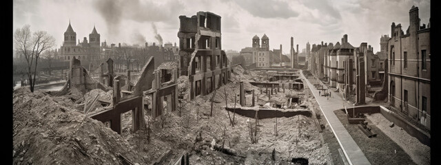 Apocalyptic view of destroyed world, post apocalypse after world war, Generative AI.