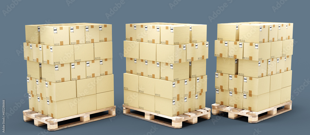 Poster pallets with boxes. cardboard parcels. pallets are ready for transport. boxes are stacked for long t
