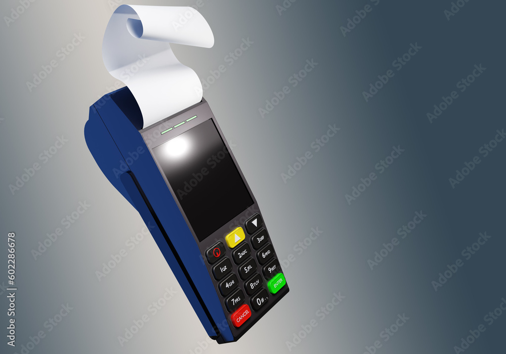 Poster pos terminal. cash register with check tape. pos terminal isolated on gray. card payment equipment. 