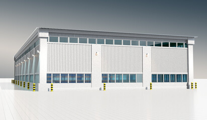 Industrial hangar. Building factory or plant. Hangar with square windows. Exterior of industrial building. Warehouse building facade. Hangar for manufactory. Industrial storage outside view. 3d image