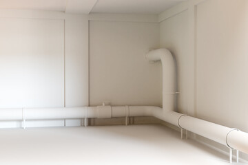 Industrial premises. Pipe in white basement. Empty basement with pipeline. Visualization of interior of basement. Place for placement of boiler equipment. Background with white empty room. 3d image