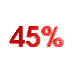 45 percent. Red forty-five percent sign isolated on a white background. 3d rendering.