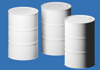 Steel barrels. Tanks for chemical products. Three white barrels. Tanks for transportation oil products. Plastic cask on blue. Barrels for logo application. Tanks for chemical industry. 3d image