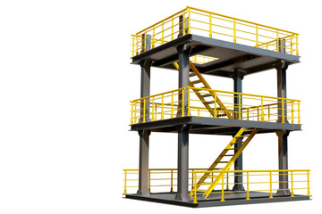 Mezzanine for industrial buildings. Temporary multi-storey structure with stairs. Mezzanine for warehouse. Multi-tiered construction for factory. Mezzanine isolated on white. Copy space. 3d image - obrazy, fototapety, plakaty